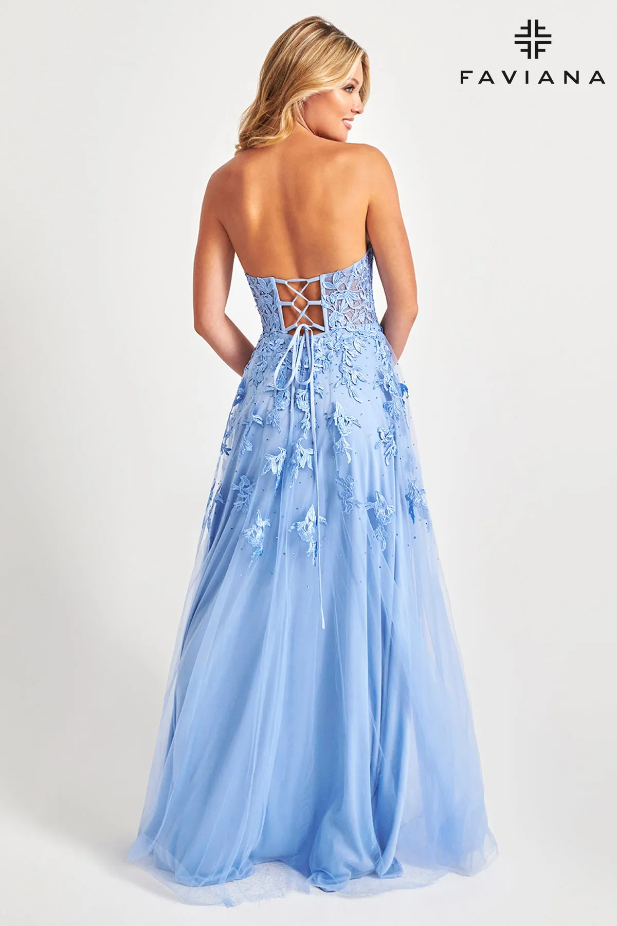 Strapless Embroidered Lace Applique Corset Gown