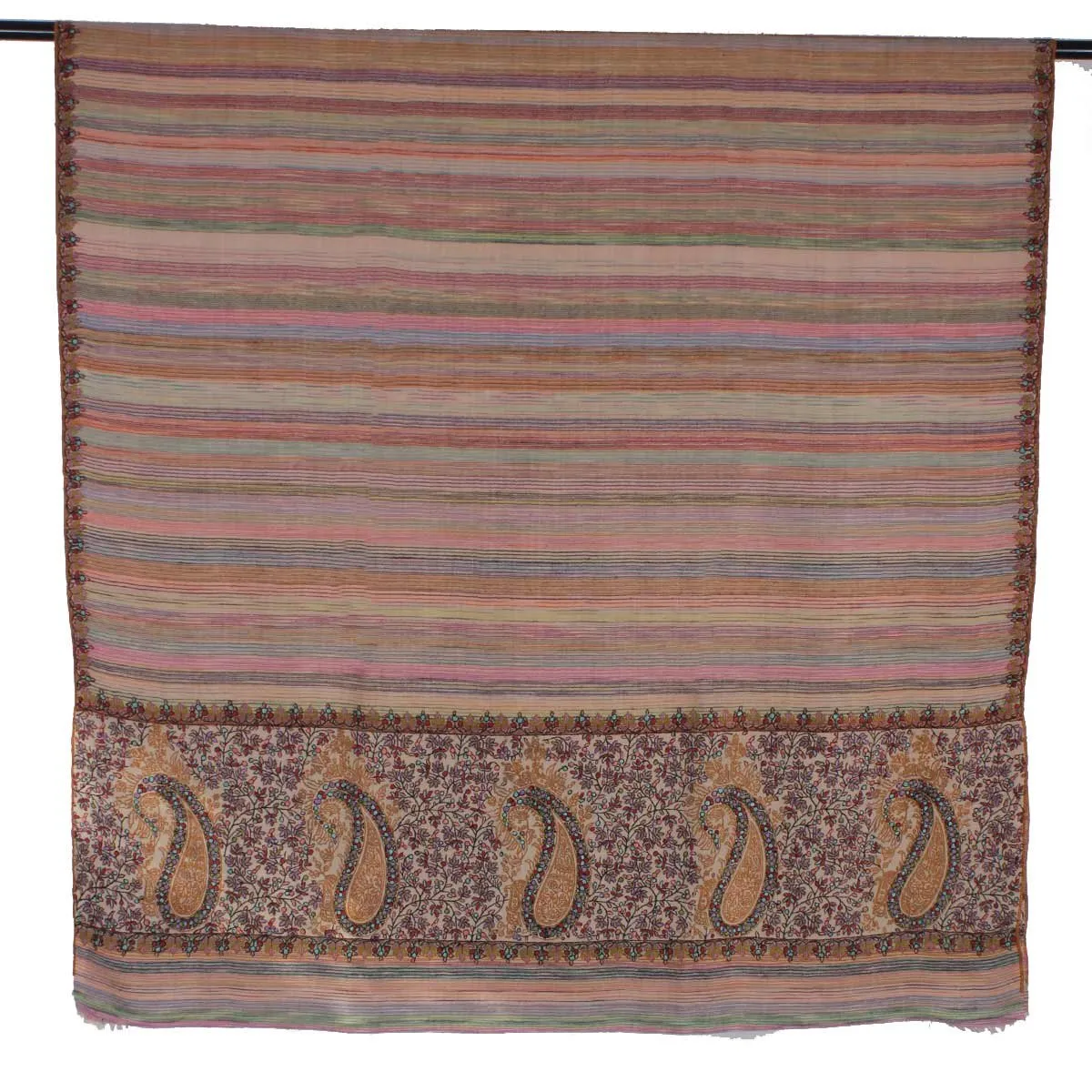 Stripped Multicolour Base sozni Embroidered Big Dordaar Pashmina Shawl