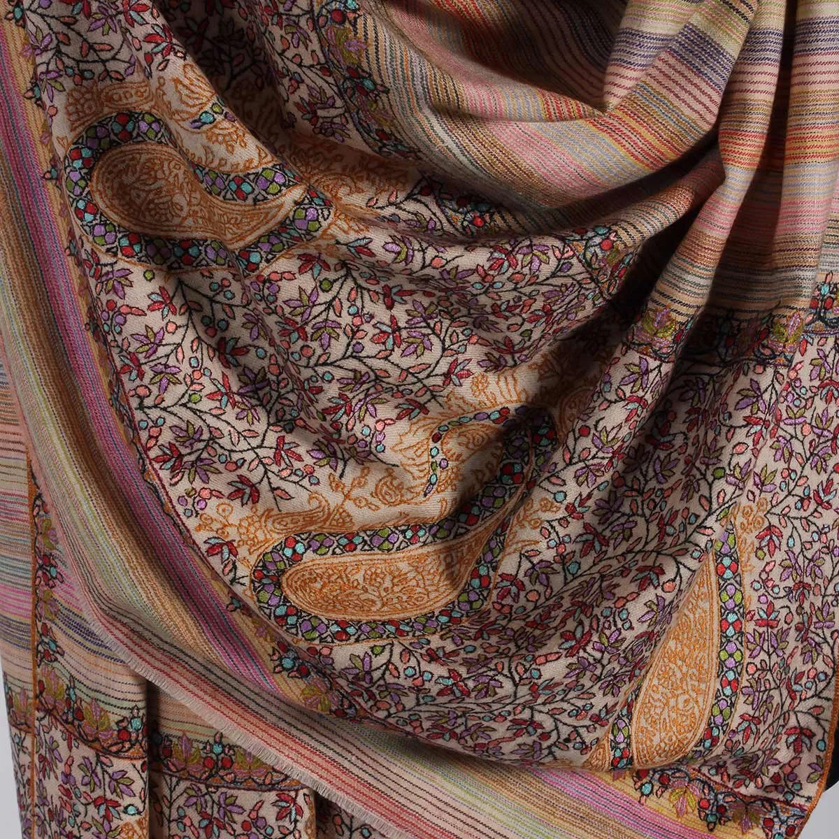 Stripped Multicolour Base sozni Embroidered Big Dordaar Pashmina Shawl