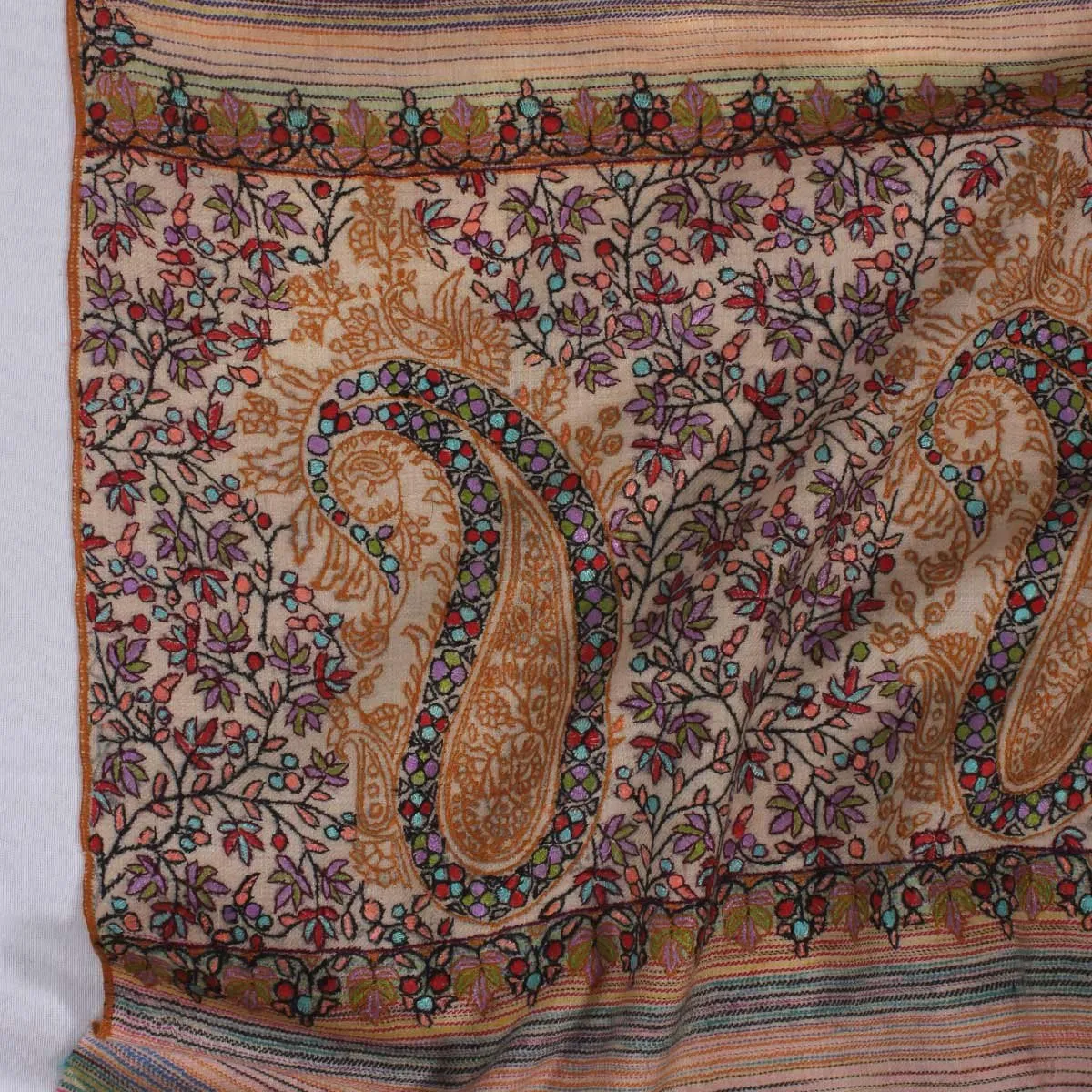 Stripped Multicolour Base sozni Embroidered Big Dordaar Pashmina Shawl
