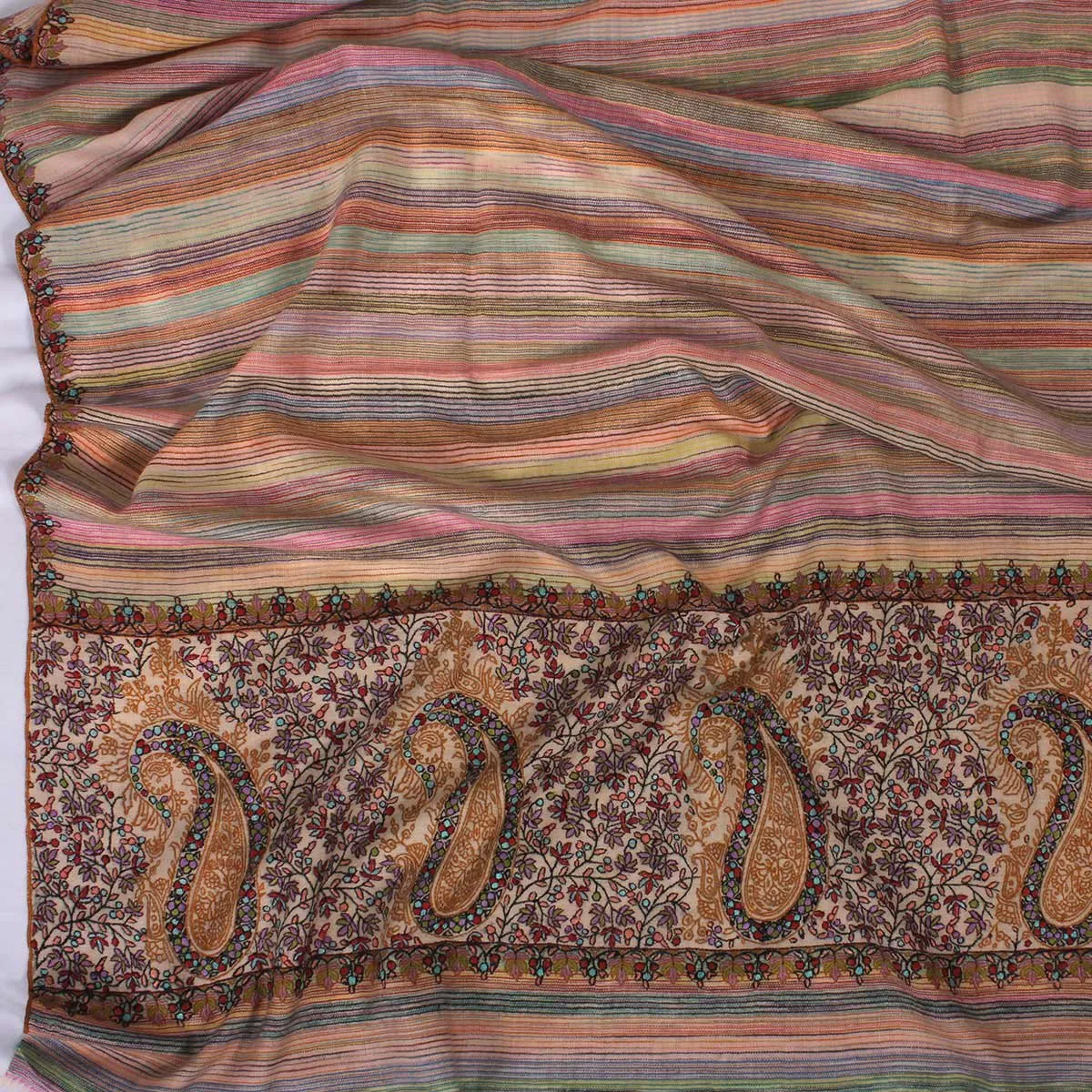 Stripped Multicolour Base sozni Embroidered Big Dordaar Pashmina Shawl
