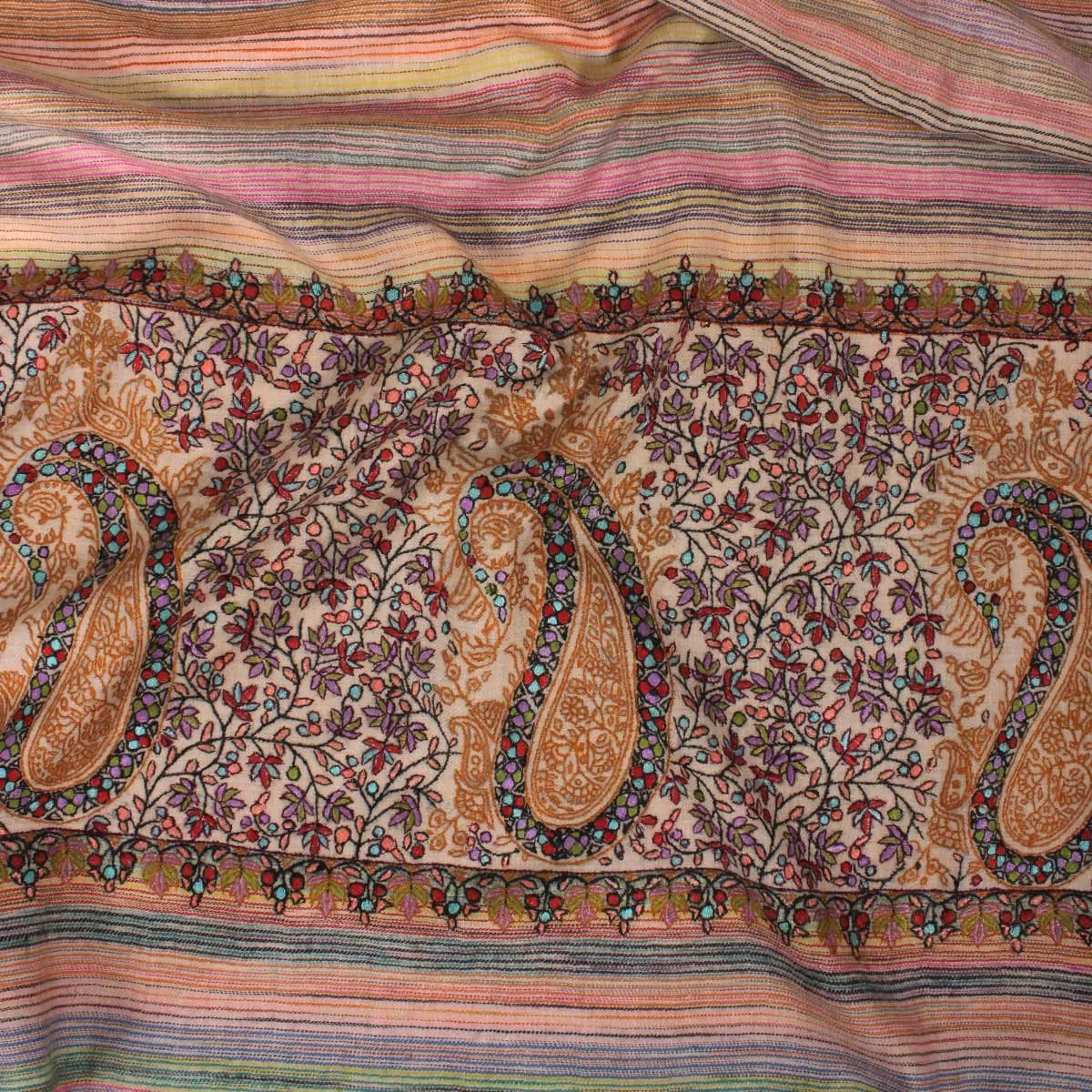 Stripped Multicolour Base sozni Embroidered Big Dordaar Pashmina Shawl