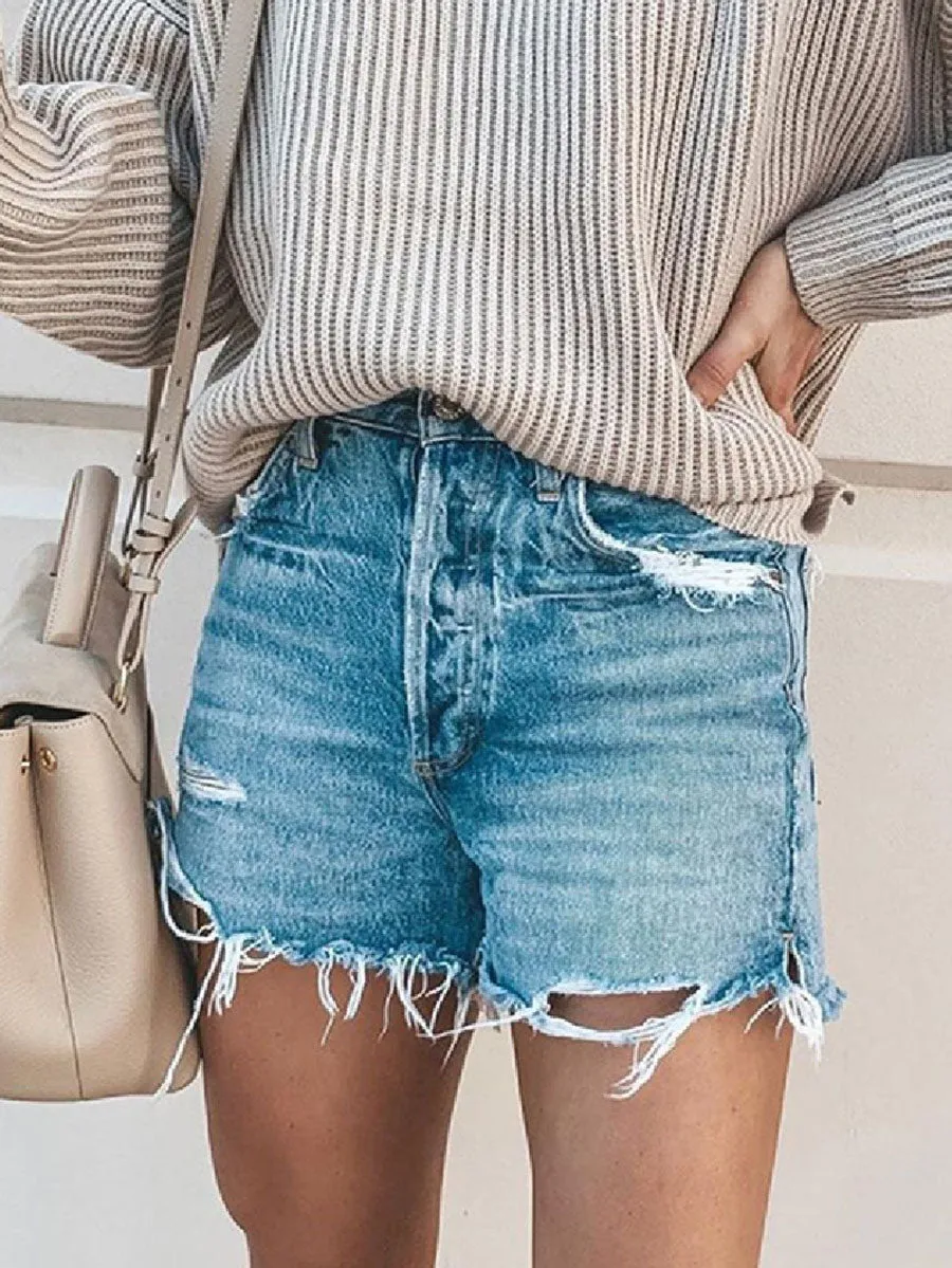 Stunncal Frayed Raw Hem Ripped Denim Shorts