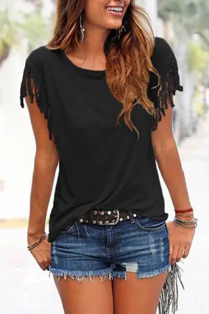Stunncal Short-sleeve Loose Tassel T-shirt(3 Colors)