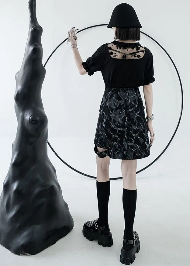 Style Black High Waist Hollow Out Print Cotton Denim A Line Skirts