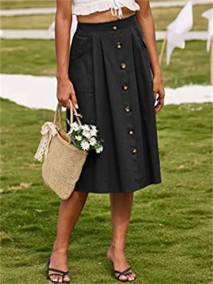 Summer Leisure High Rise Mid Length Button Up A-line Skirt for Women