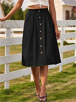 Summer Leisure High Rise Mid Length Button Up A-line Skirt for Women