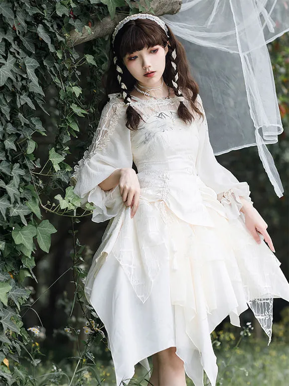 Sweet Lolita Blouses Ecru White Lolita Top Long Sleeves Embroidered Lace Up Lolita Shirt