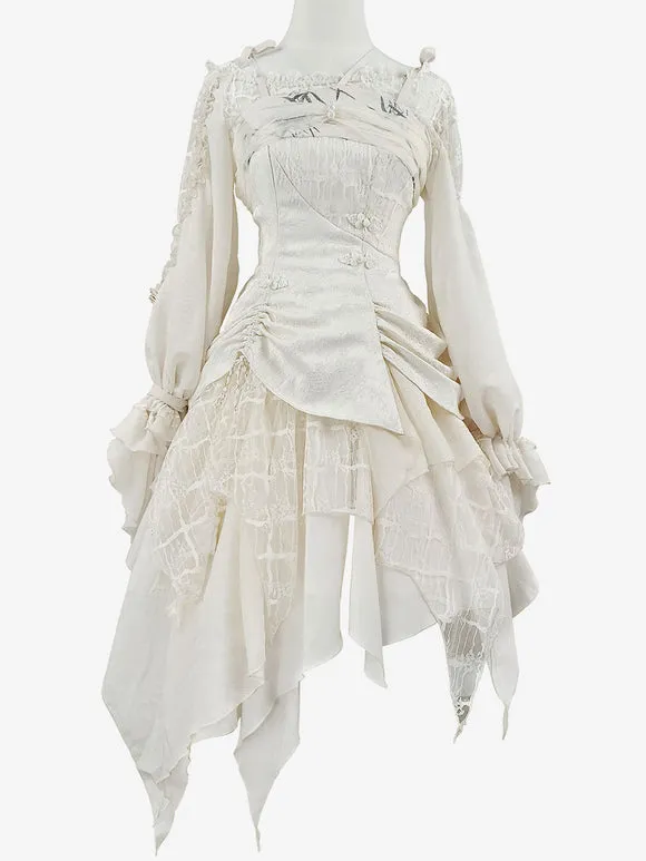 Sweet Lolita Blouses Ecru White Lolita Top Long Sleeves Embroidered Lace Up Lolita Shirt