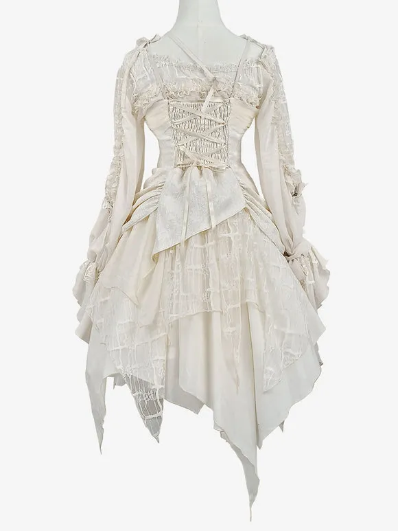 Sweet Lolita Blouses Ecru White Lolita Top Long Sleeves Embroidered Lace Up Lolita Shirt
