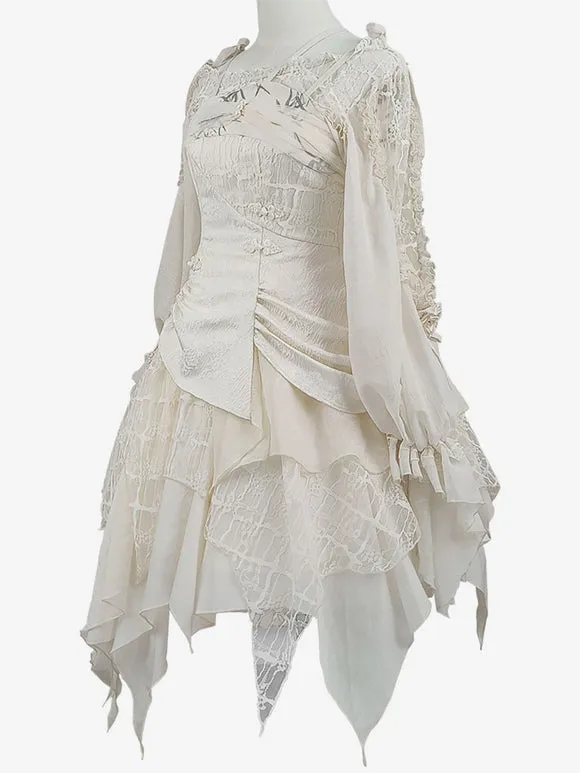 Sweet Lolita Blouses Ecru White Lolita Top Long Sleeves Embroidered Lace Up Lolita Shirt