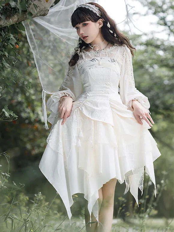 Sweet Lolita Blouses Ecru White Lolita Top Long Sleeves Embroidered Lace Up Lolita Shirt