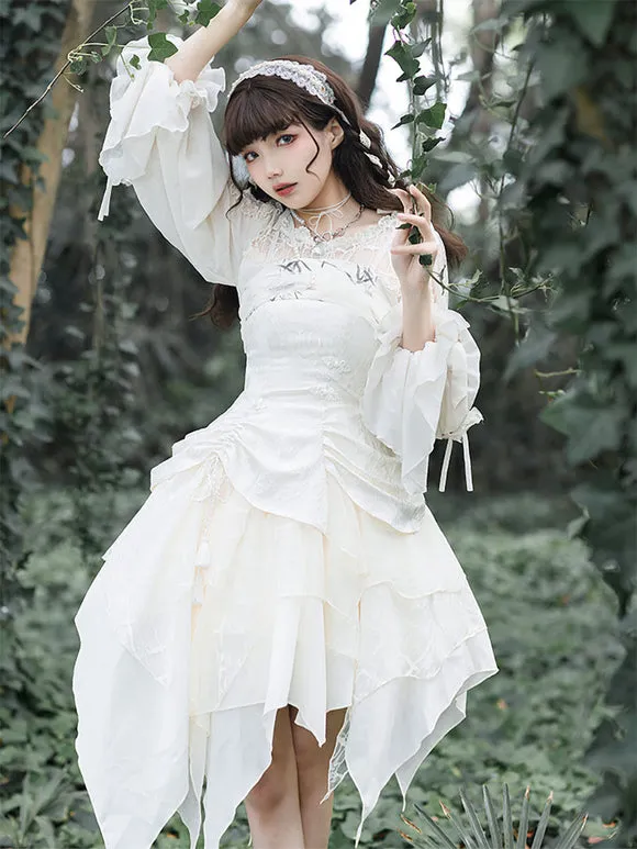 Sweet Lolita Blouses Ecru White Lolita Top Long Sleeves Embroidered Lace Up Lolita Shirt