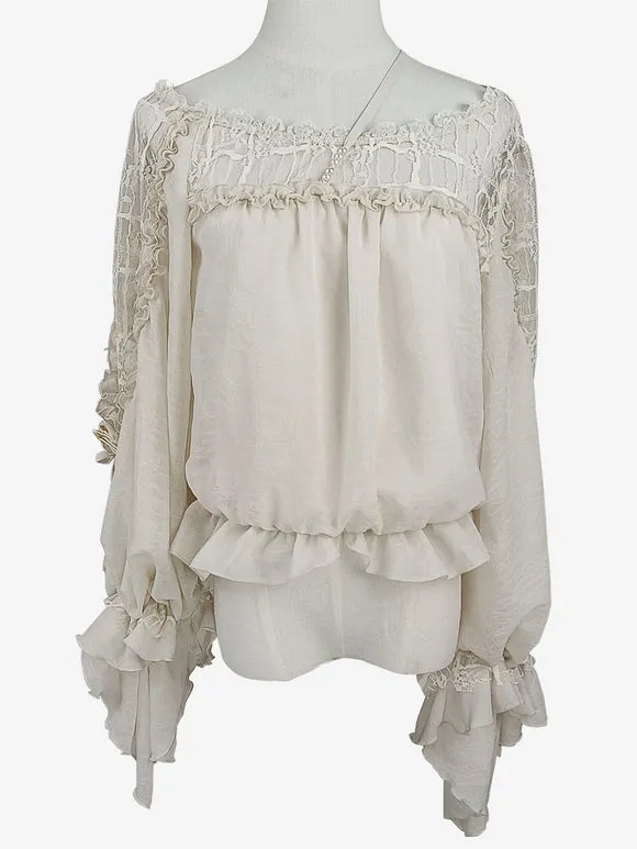 Sweet Lolita Blouses Ecru White Lolita Top Long Sleeves Embroidered Lace Up Lolita Shirt