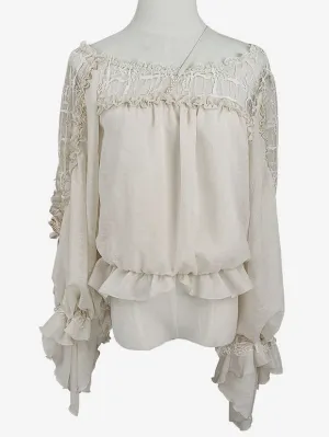 Sweet Lolita Blouses Ecru White Lolita Top Long Sleeves Embroidered Lace Up Lolita Shirt