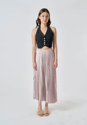Sylvia Beige Pleated Elastic Waist A-Line Midi Skirt