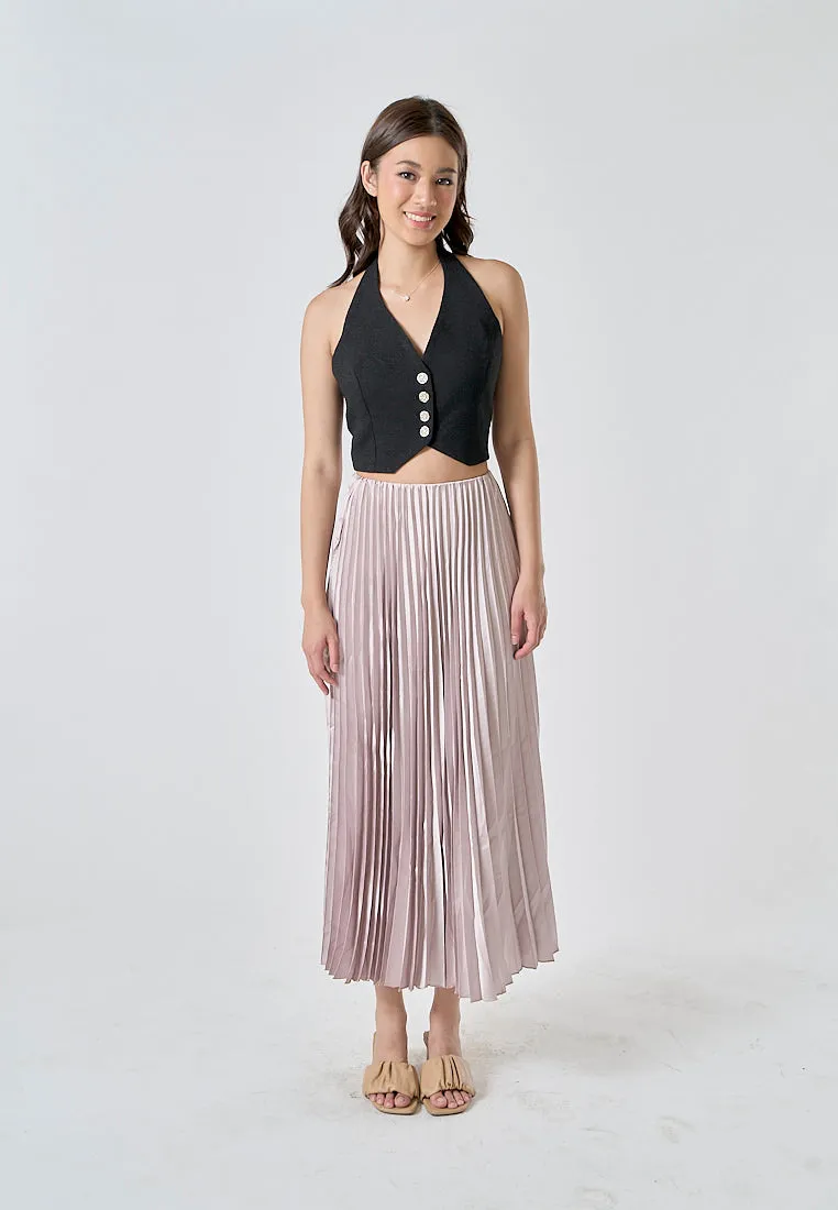 Sylvia Beige Pleated Elastic Waist A-Line Midi Skirt