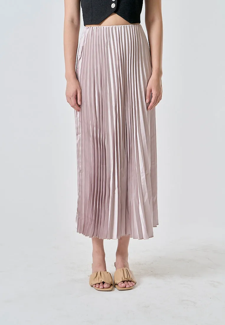 Sylvia Beige Pleated Elastic Waist A-Line Midi Skirt