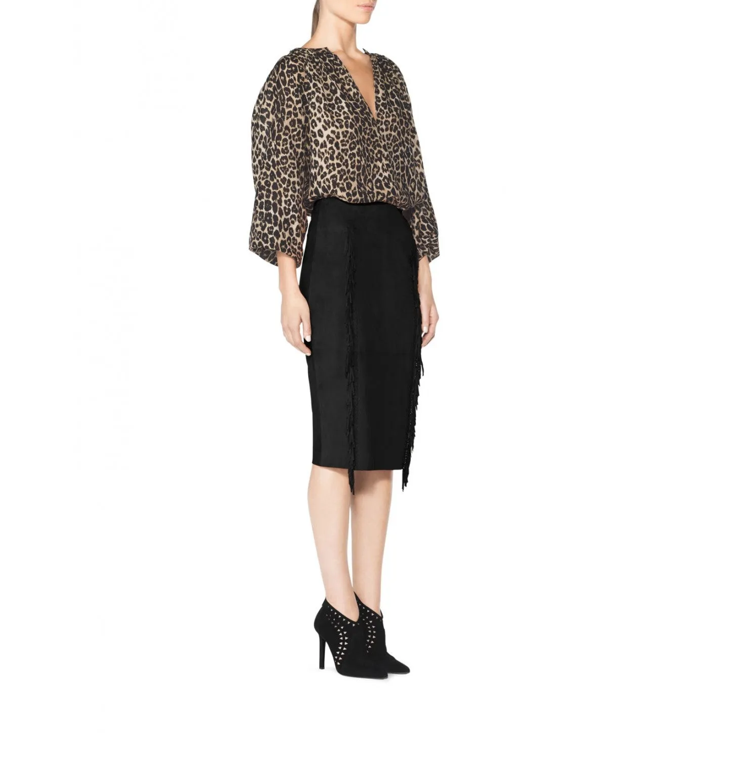 Tamara Mellon of Black Suede Fringe Slim Skirt $895 NEW