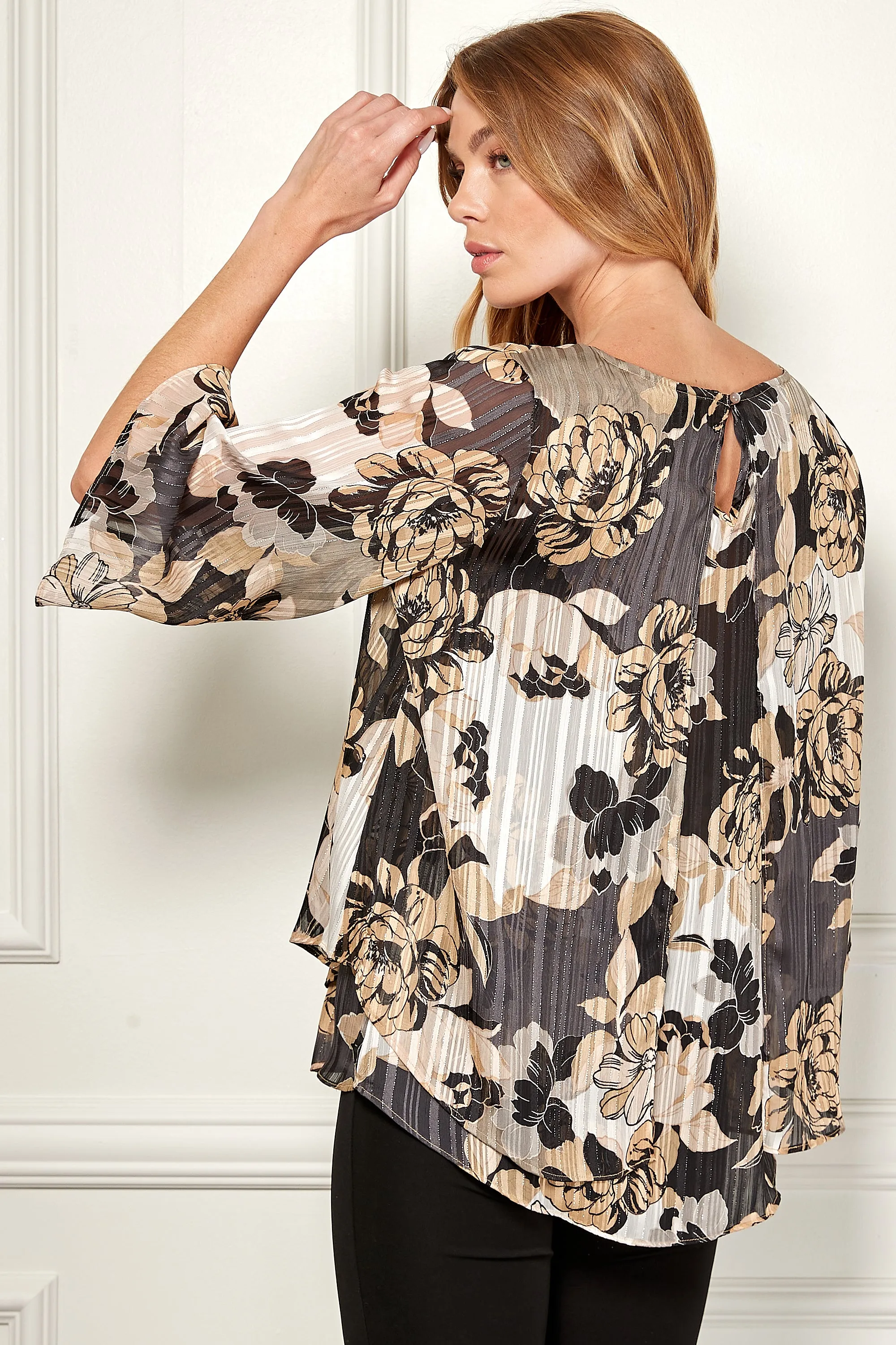 Three Quarter Sleeve V-Neck Double Layer Ruffled Top