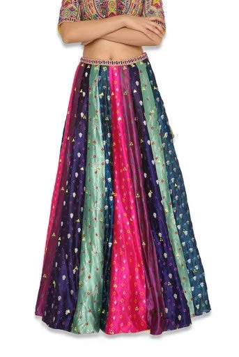 Tiana Yellow Colour Embroidered Choli With Multi Colour Bandhani Lehenga With Purple Mukaish Organza Dupatta With Tassels