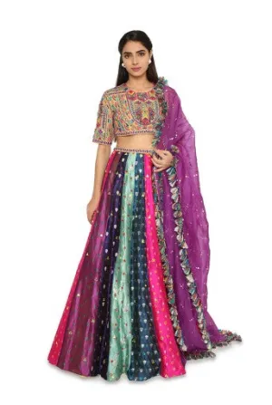 Tiana Yellow Colour Embroidered Choli With Multi Colour Bandhani Lehenga With Purple Mukaish Organza Dupatta With Tassels