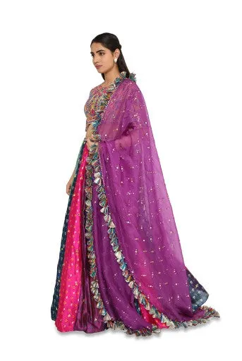 Tiana Yellow Colour Embroidered Choli With Multi Colour Bandhani Lehenga With Purple Mukaish Organza Dupatta With Tassels