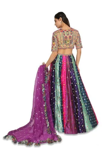 Tiana Yellow Colour Embroidered Choli With Multi Colour Bandhani Lehenga With Purple Mukaish Organza Dupatta With Tassels