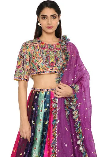 Tiana Yellow Colour Embroidered Choli With Multi Colour Bandhani Lehenga With Purple Mukaish Organza Dupatta With Tassels
