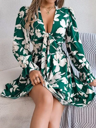 Tied Ruffled Printed Long Sleeve Dress (3 Colors)