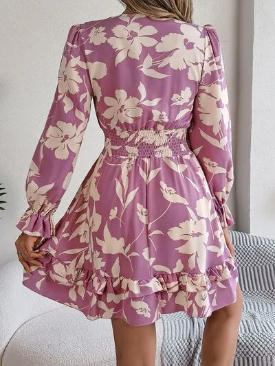 Tied Ruffled Printed Long Sleeve Dress (3 Colors)