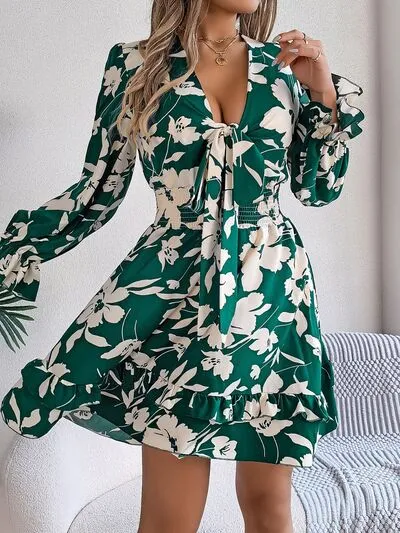 Tied Ruffled Printed Long Sleeve Dress (3 Colors)