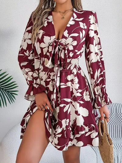 Tied Ruffled Printed Long Sleeve Dress (3 Colors)
