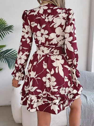 Tied Ruffled Printed Long Sleeve Dress (3 Colors)