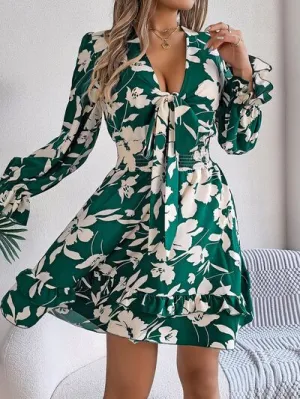 Tied Ruffled Printed Long Sleeve Dress (3 Colors)