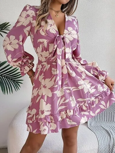 Tied Ruffled Printed Long Sleeve Dress (3 Colors)