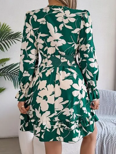 Tied Ruffled Printed Long Sleeve Dress (3 Colors)