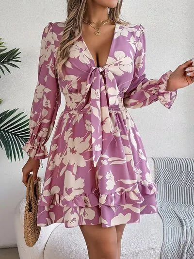 Tied Ruffled Printed Long Sleeve Dress (3 Colors)