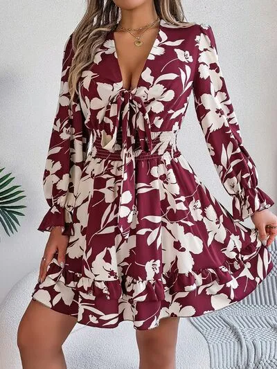 Tied Ruffled Printed Long Sleeve Dress (3 Colors)