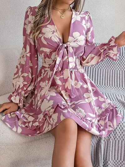Tied Ruffled Printed Long Sleeve Dress (3 Colors)