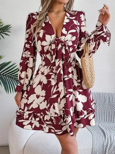 Tied Ruffled Printed Long Sleeve Dress (3 Colors)