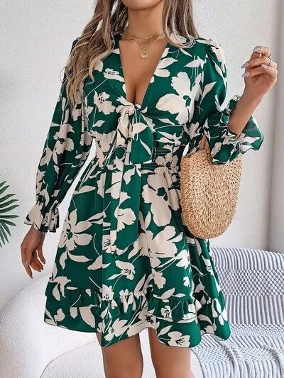 Tied Ruffled Printed Long Sleeve Dress (3 Colors)