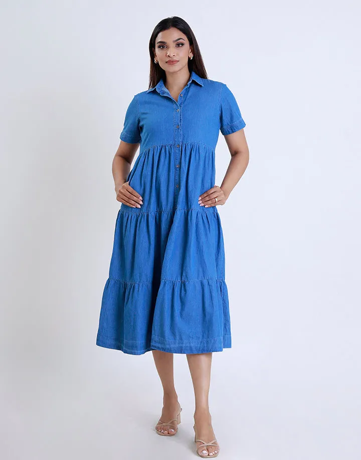 Tiered Chambray Denim Dress