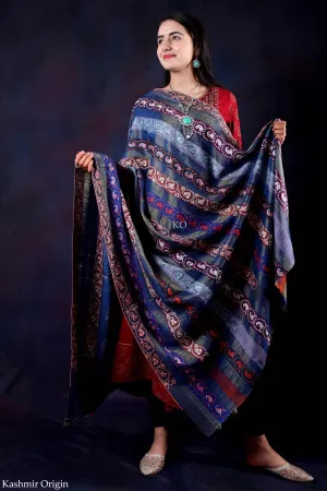Tilla Base Blue Sozni Embroidered Handwoven Pashmina Shawl
