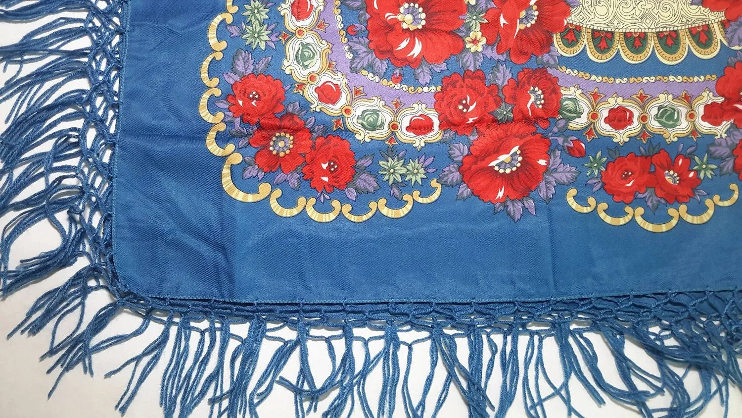 Traditional Polish Ukrainian Folk Shawl with Fringes - Blue