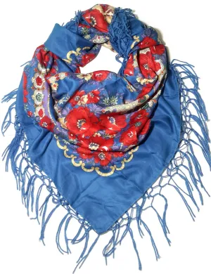 Traditional Polish Ukrainian Folk Shawl with Fringes - Blue