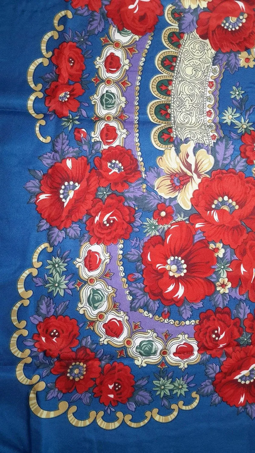 Traditional Polish Ukrainian Folk Shawl with Fringes - Blue