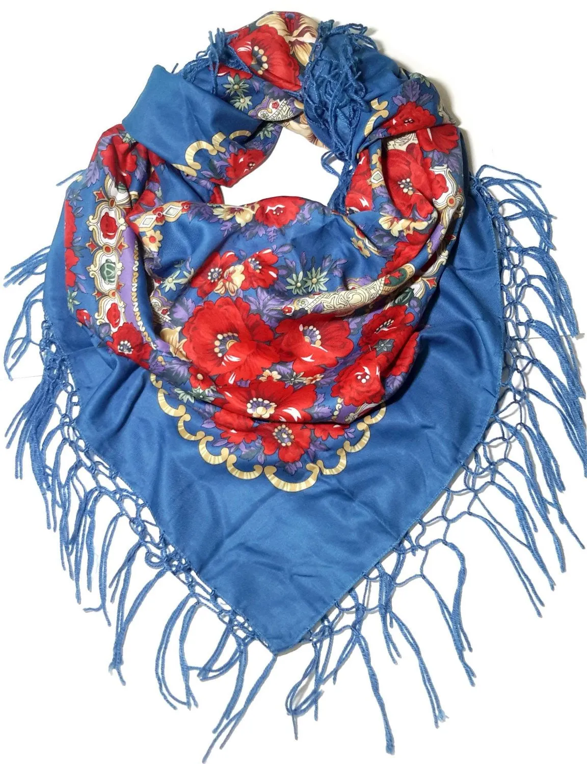 Traditional Polish Ukrainian Folk Shawl with Fringes - Blue