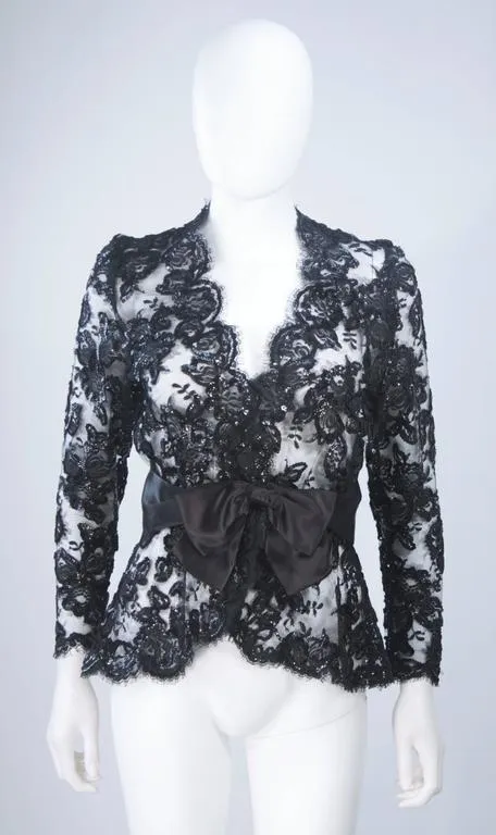 TRAVILLA Black Sequin Lace Skirt Suit with Satin Bow Belt Size 2-4