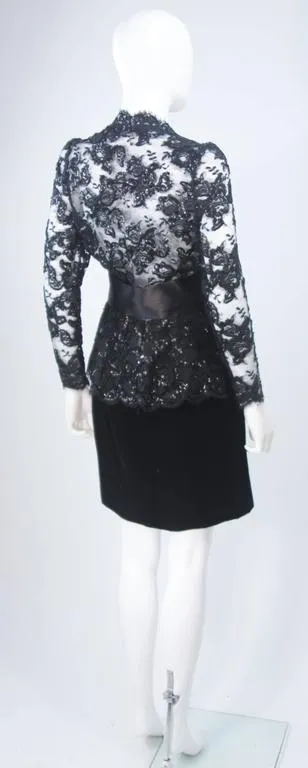 TRAVILLA Black Sequin Lace Skirt Suit with Satin Bow Belt Size 2-4